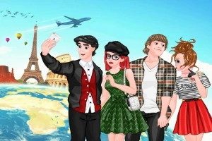 Fire animerte personer poserer for en selfie foran kjente landemerker og en verdensbakgrunn, med et fly som flyr over
