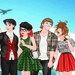 Fire animerte personer poserer for en selfie foran kjente landemerker og en verdensbakgrunn, med et fly som flyr over