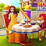 En kvinne i gul kjole og en hund sitter ved et bord dekket med mat og drikke foran et slott