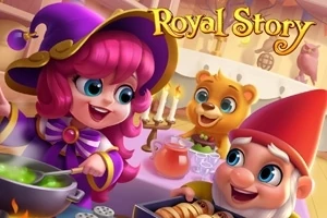 Royal Story En fantasifull scene med en heks som lager mat, en nisse med en boks og et bjørnelignende vesen, med tekst Royal Story i toppen