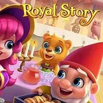 Royal Story En fantasifull scene med en heks som lager mat, en nisse med en boks og et bjørnelignende vesen, med tekst Royal Story i toppen