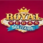 Logo med teksten Royal Vegas Solitaire på rød bakgrunn, med gullkrone og lysende skilt