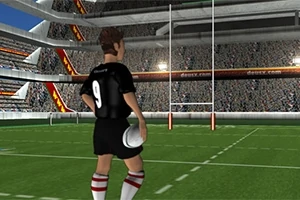 En rugbyspiller iført svart drakt med nummer 9 holder en ball på en stadion med mange tilskuere og målstenger i bakgrunnen