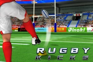 En rugbyspiller i rødt og hvitt sparket en rugbyball på en stadion med publikum i bakgrunnen, og teksten RUGBY KICKS vises nederst
