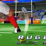 En rugbyspiller i rødt og hvitt sparket en rugbyball på en stadion med publikum i bakgrunnen, og teksten RUGBY KICKS vises nederst