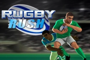 To menn i rugbyklær, hvor en av dem holder en rugbyball og løper mens den andre forsøker en takling, med teksten Rugby Rush i bakgrunnen