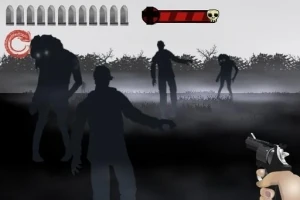 Silhuetter av zombier i en tåket skog med en pistol synlig i forgrunnen