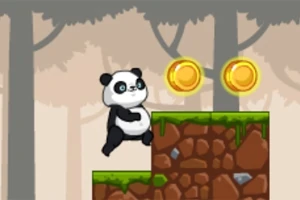 En tegnet panda er i ferd med å hoppe til en plattform med to gyldne mynter i en skogbakgrunn
