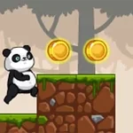 En tegnet panda er i ferd med å hoppe til en plattform med to gyldne mynter i en skogbakgrunn