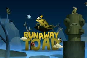 Gul padde med krone hopper over teksten RUNAWAY TOAD omgitt av flygende insekter i et stilisert, nattlig landskap