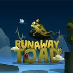 Gul padde med krone hopper over teksten RUNAWAY TOAD omgitt av flygende insekter i et stilisert, nattlig landskap