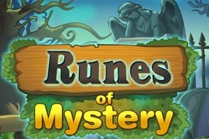 En mystisk, tegnet scene med en statue og et skilt med teksten Runes of Mystery omgitt av trær og en tåkete atmosfære