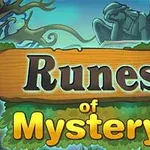 En mystisk, tegnet scene med en statue og et skilt med teksten Runes of Mystery omgitt av trær og en tåkete atmosfære