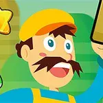 En tegnet figur med bart og gul lue holder en blokk med spørsmålstegn, omgitt av en stjerne og en grønn sopp