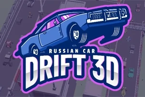 Illustrasjon av en stilisert blå bil som drifter, med teksten Russian Car Drift 3D i fet skrift, mot en bakgrunn som viser et bylandskap