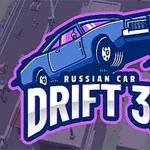 Illustrasjon av en stilisert blå bil som drifter, med teksten Russian Car Drift 3D i fet skrift, mot en bakgrunn som viser et bylandskap