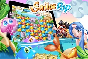 Tegneserieaktige sjøskapninger, en pirat og en havfrue rundt en digital enhet med et fiskespill på skjermen, med tittelen Sailor Pop øverst