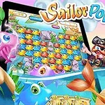 Tegneserieaktige sjøskapninger, en pirat og en havfrue rundt en digital enhet med et fiskespill på skjermen, med tittelen Sailor Pop øverst