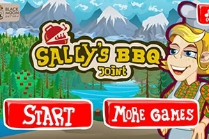 Tegneserieillustrasjon med fjellandskap i bakgrunnen, teksten Sallys BBQ Joint, og store knapper merket Start og More Games