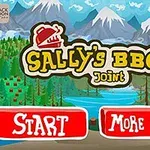 Tegneserieillustrasjon med fjellandskap i bakgrunnen, teksten Sallys BBQ Joint, og store knapper merket Start og More Games