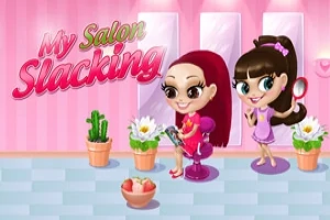 To unge jenter i en fargerik salong med blomster og speil, med en tekst som sier My Salon Slacking