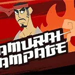 Illustrasjon av en intens samurai med et stramt ansiktsuttrykk, omgitt av flammer og teksten Samurai Rampage