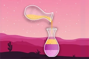 En kanne helles væske i en vase mot en rosa himmel med en ørkenlandskap og kaktuser i bakgrunnen