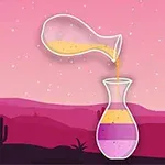 En kanne helles væske i en vase mot en rosa himmel med en ørkenlandskap og kaktuser i bakgrunnen