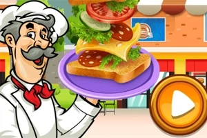Tegning av en smilende kokk som holder en tallerken med en sandwich med flere lag, inkludert grønnsaker, ost og kjøttpålegg, foran en butikk med en stor play-knapp ved siden av