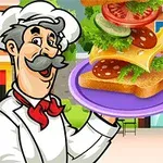 Tegning av en smilende kokk som holder en tallerken med en sandwich med flere lag, inkludert grønnsaker, ost og kjøttpålegg, foran en butikk med en stor play-knapp ved siden av