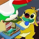 En gul animert figur med blå tunge lager en stor sandwich med ost, grønnsaker og salat