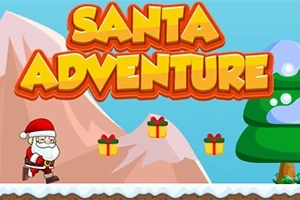 Julenisse går langs en snødekket sti med fjell og gaver i bakgrunnen, under teksten Santa Adventure