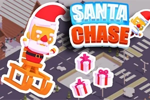 En tegneserieaktig julenissefigur på en gyngehest med hvitt skjegg og nisselue, i et bymiljø med julegaver og teksten Santa Chase i lyse bokstaver