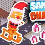 En tegneserieaktig julenissefigur på en gyngehest med hvitt skjegg og nisselue, i et bymiljø med julegaver og teksten Santa Chase i lyse bokstaver