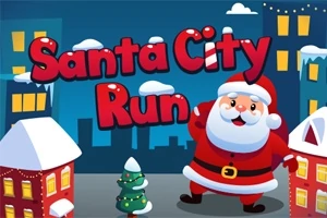 Julenissen står foran en bysilhuett med snødekte bygninger, et juletre og teksten Santa City Run