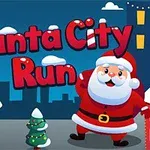 Julenissen står foran en bysilhuett med snødekte bygninger, et juletre og teksten Santa City Run