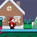 En pixlete julemann står ved siden av en stor gave foran en julepyntet tre og en snødekket hytte