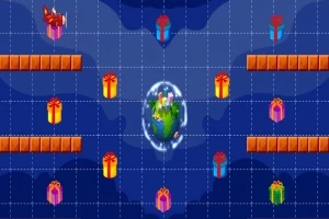En tegnet scene med flere fargerike gaver og et glødende jordglobe omgitt av plattformer på en rutete bakgrunn