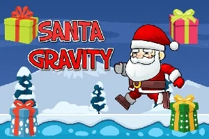 Julenissen som løper på snødekte landskap med gaver og teksten Santa Gravity i bakgrunnen