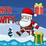 Julenissen som løper på snødekte landskap med gaver og teksten Santa Gravity i bakgrunnen