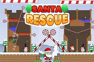 Juletema bilde med nisser, snømenn, gaver og tittelen Santa Rescue i fargerike bokstaver