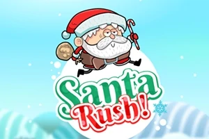 En tegnet julenisse med rød lue og sekk hopper over teksten Santa Rush!