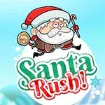 En tegnet julenisse med rød lue og sekk hopper over teksten Santa Rush!