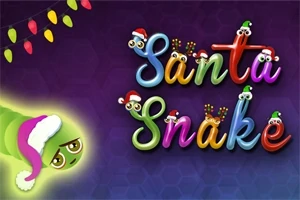 Fargerik tekst med ordet Santa Snake pyntet med små julehatter og øyne, ved siden av en tegnet slange med nisselue, på en lilla bakgrunn med julelys i hjørnet