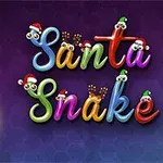 Fargerik tekst med ordet Santa Snake pyntet med små julehatter og øyne, ved siden av en tegnet slange med nisselue, på en lilla bakgrunn med julelys i hjørnet