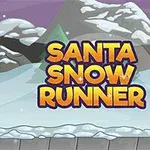 Julenissen løper gjennom et snødekt landskap med furutrær og fjell i bakgrunnen, med teksten Santa Snow Runner i store, gule bokstaver