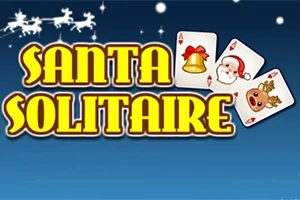 Tittelen Santa Solitaire i gule bokstaver mot en blå bakgrunn med snøfnugg, ledsaget av julemotiver på kort og et bilde av reinsdyr og slede