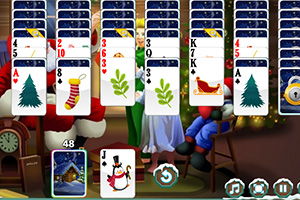 Kortspill med juletema og illustrasjoner som viser julenek, gaver og snømann på kortene