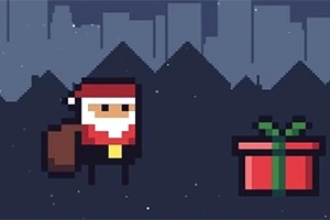 Pixelert julemann med sekk ved siden av en rød gaveeske foran en bysilhuett om natten