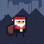Pixelert julemann med sekk ved siden av en rød gaveeske foran en bysilhuett om natten